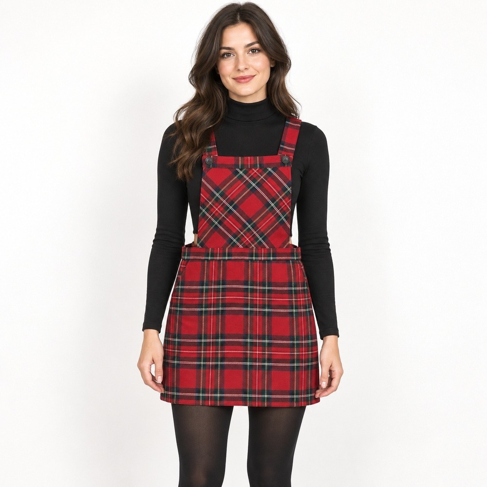 Forever 21 Red Tartan Plaid Overall Pinafore Mini Dress Women's S Dark Academia